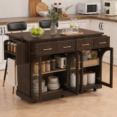 65" Kitchen Island with Storage, Wheels, Drop Leaf, Spice Rack, Towel Rack, Power Outlet & 4 Drawers