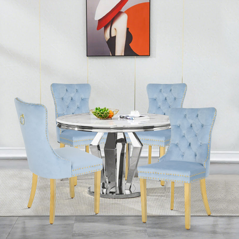 Upholstered Dining Chairs.Tufted Back Design With Stainless Steel Leg, 4, Blue, Gold