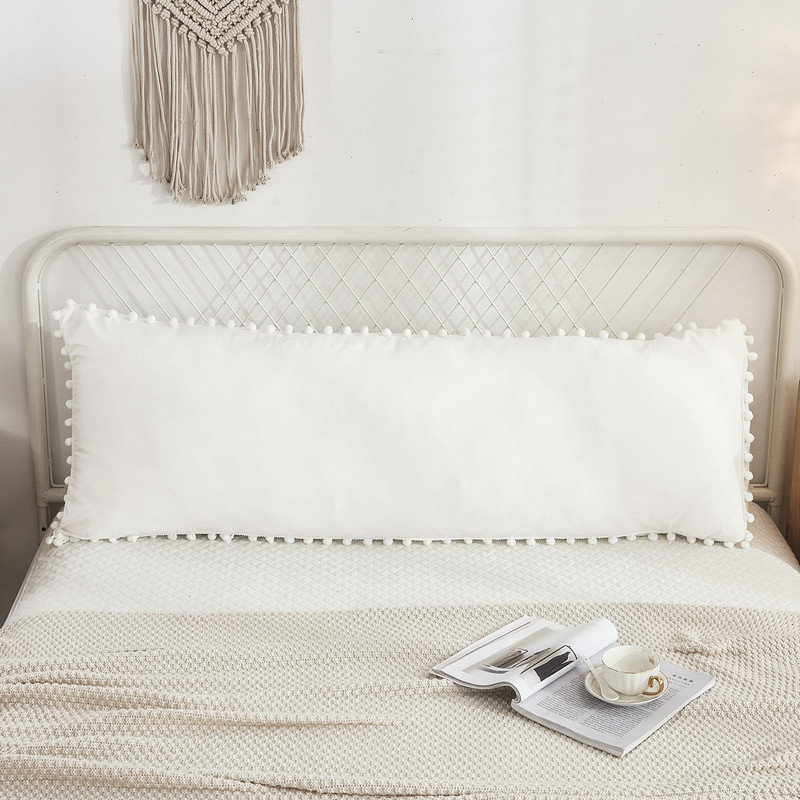White Body Pillow Cover 20x54 Body Pillow Cover Pom Poms Fringe Decor Design Boho Long Pillowcase with Pocket Closure, White
