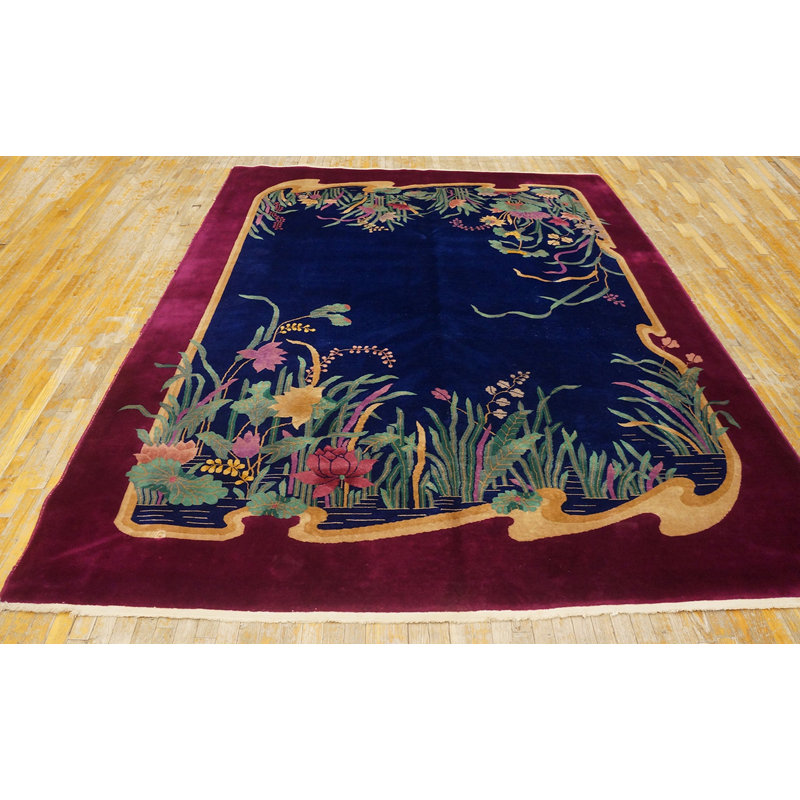 Antique Chinese Art Deco Room Size Wool Blue Rug