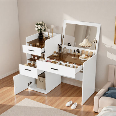 Bureau de coiffeuse 3 en 1 avec miroir rabattable et rangement caché