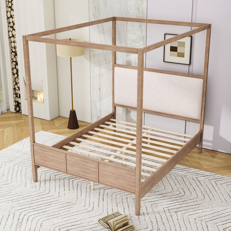 Lit plateforme à baldaquin en bois avec tête de lit tapissier, Grand lit, Noyer naturel