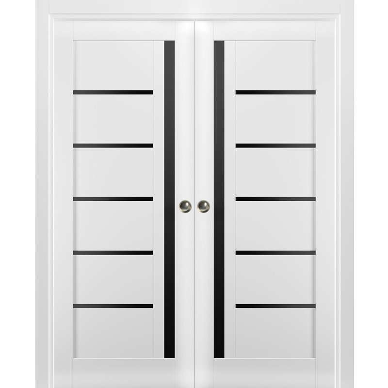 Portes coulissantes à galandage doubles Quadro 4588 Blanc Soie avec vitrage noir, trousse de garnitures, quincaillerie, bois massif, intérieur de chambre, portes robustes 60 po x 80 po (2 x 30 x 80 po) - Vitrage noir