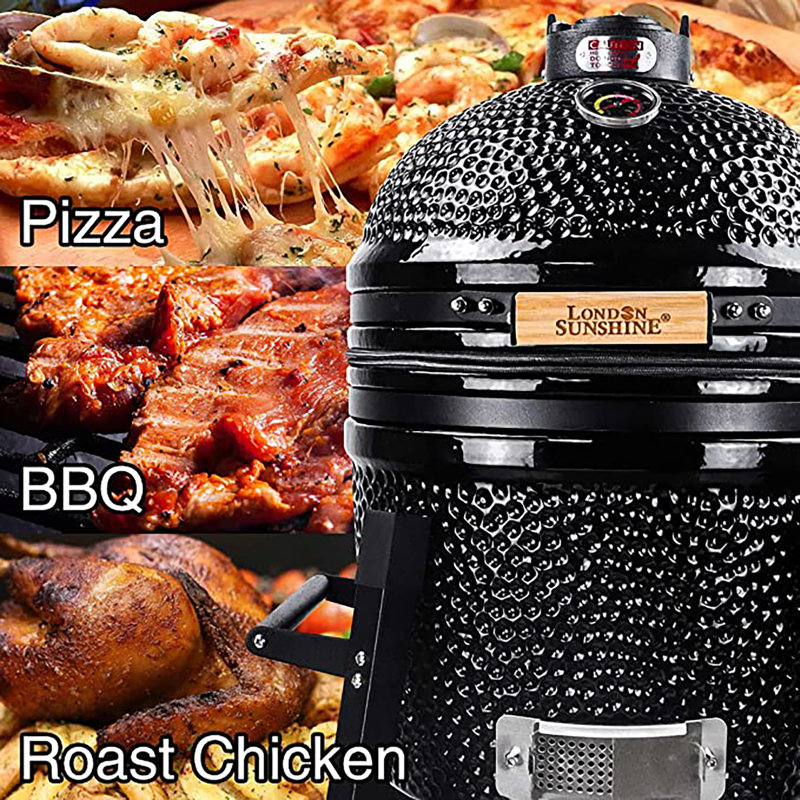 London Sunshine Ceramic Kamado Charcoal BBQ Grill and Smoker, Stainless Steel Grates -15" Ceramic with Tall Stand (BLACK)