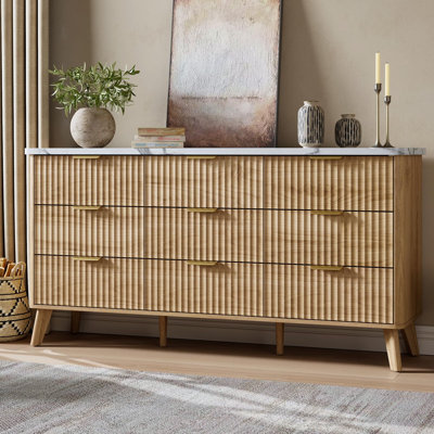 Beige Fluted 9-Drawer Dresser – Modern Wooden Chest with Deep Storage for Bedroom Organization