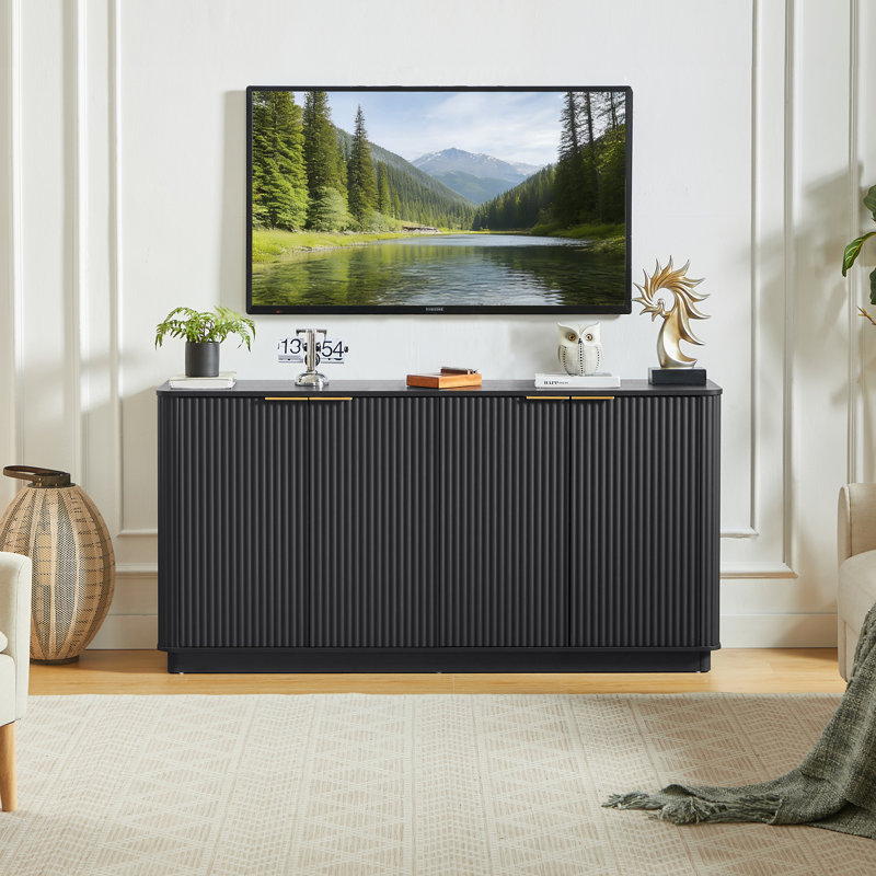 63" Vertical Stripe Buffet Cabinet Sideboard With Stoarge, Curved Wave Design, TV Stand, For Bedroom, Living Room, Hallway