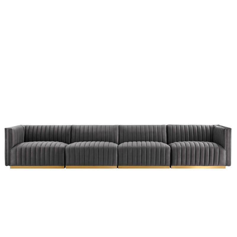 Elegant Gold Gray Velvet Tufted Sofa with Brushed Gold Base