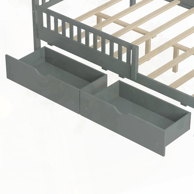 Lit plateforme classique en bois avec garde-corps et tiroirs de rangement sous le lit, cadre de lit à lattes robuste pour la chambre à coucher