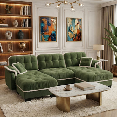 100" Chenille Modern 3-Seater Sofa, Modular Sectional Cloud Couch with Armrest Pillow & Back Cushion, Tufted Design & Pom-Pom Trim Quilted, Deep Seat Couches for Living Room, Bedroom, Small Spaces
