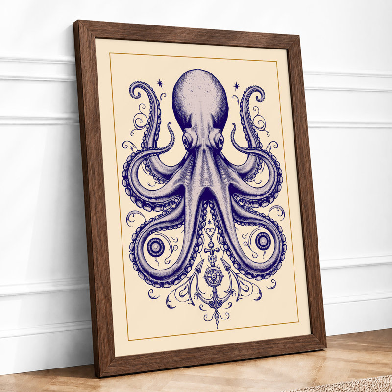 Symmetrical Octopus Japandi - Framed Print, A4 - 29.7 x 21.0 cm, Walnut