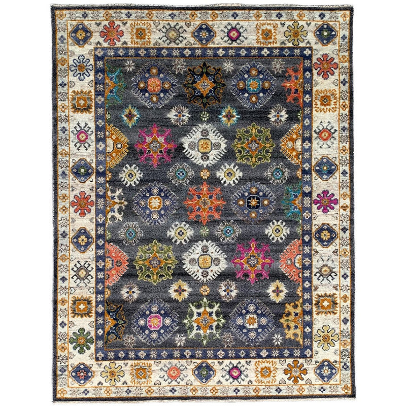Tapis traditionnel gris en laine noué à la main gris anthracite Lila, Rectangle de 10 pi x 14 pi