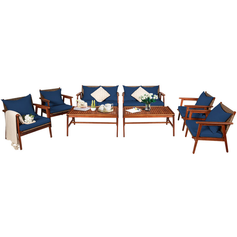 Ensemble de conversation avec canapé en rotin 8 pièces Dameian, Bleu marine
