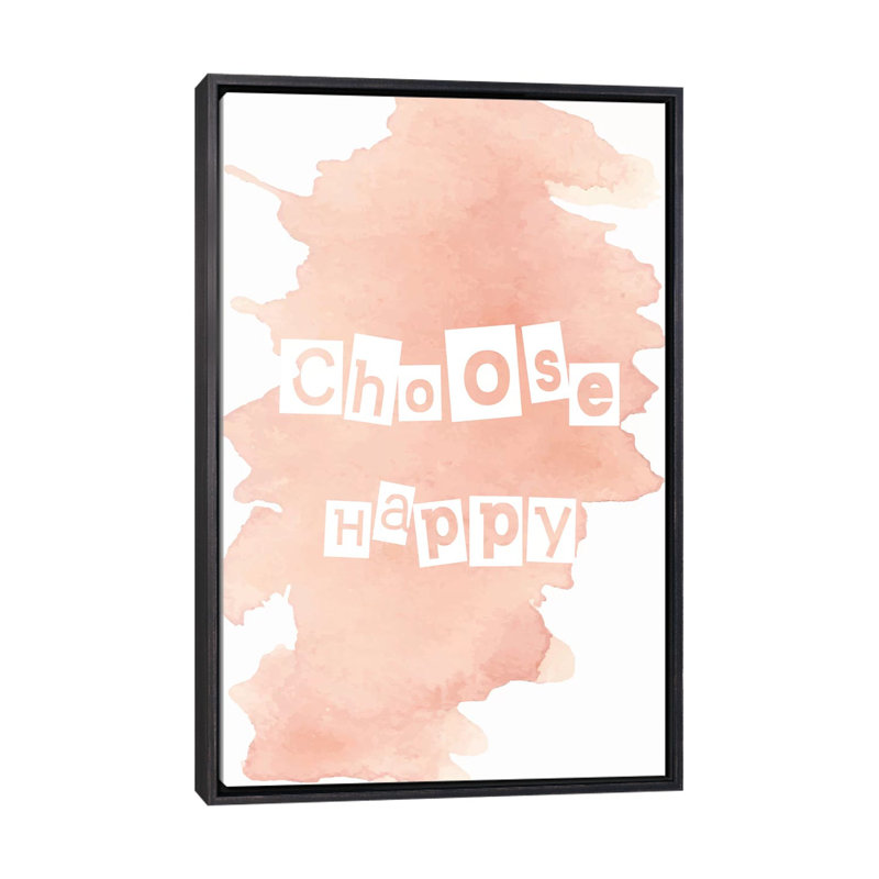 Choisir heureux - impression d'art textuel, H 26 po x l 18 po x 1,5 po, Toile avec cadre noire patinée, Pas de tapis
