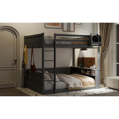 Queen Size Bunk Bed In Grey Wood, With Built - Shelving, Storage, Led Illumination And Charging, For Bedroom Space Utilization, Comes Assembly Tools 3 Metal Clothes Hooks Loft Grey, A Multi Purpose