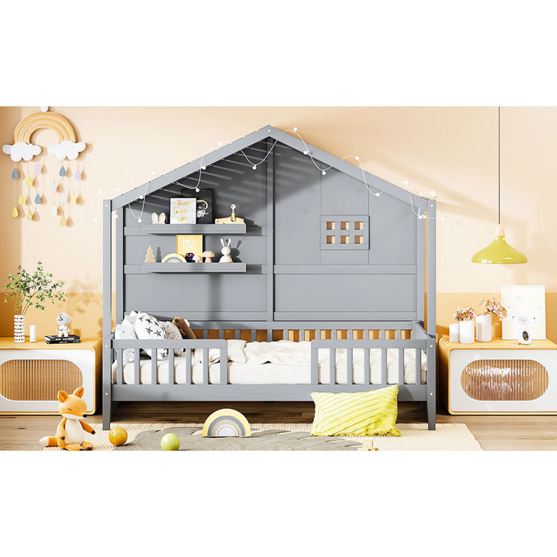 Lit simple Space House avec tablettes, gris, toit charmant pour un espace de chambre à coucher relaxant