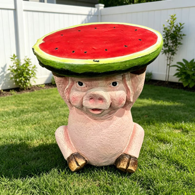 13.39" High Cute Pig Side Table, 11.34" Wide Resin Pig with Watermelon Top, Multi-Functional Plant Stand & End Table for Home & Garden Decoration (Pink)