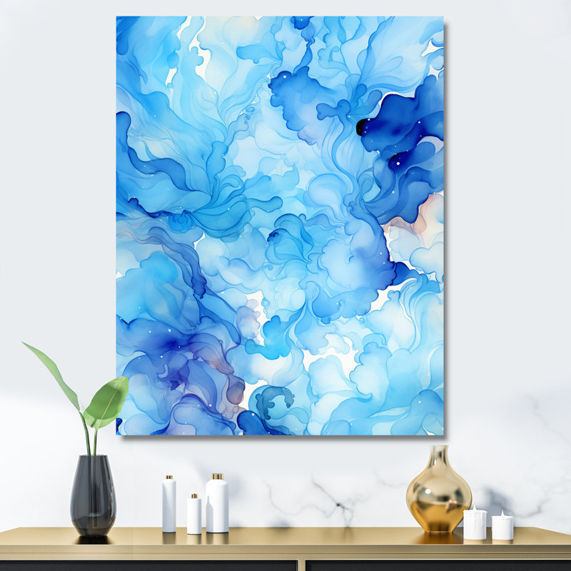 Vagues aquarelles dans des tons de bleu clair - formes abstraites, art mural, salon, H 40 po x l 30 po x P 1,5 po