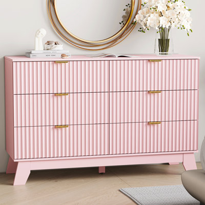 Commode 6 tiroirs cannelée avec poignées en métal et coffre de rangement pour chambre à coucher