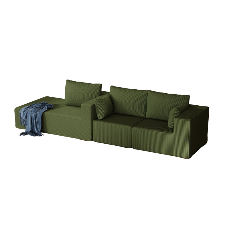 108.3" Sectional Foam Couch, Green Corduroy