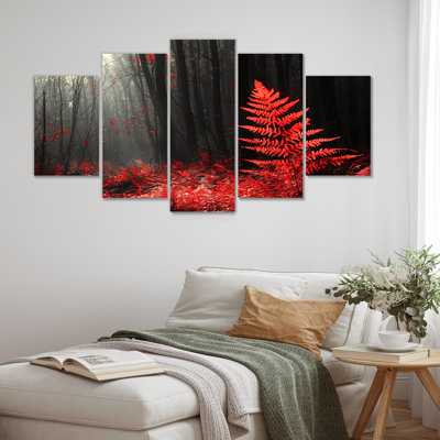 Fougères dans des tons rouges et noirs - ensemble de décorations murales de fougères