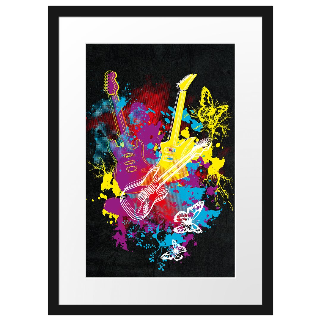 Gerahmtes Poster Guitar Splatter Black