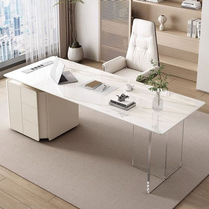Bureau blanc rectangulaire en bois manufacturé avec 3 tiroirs, H 29,53 po x l 55,12 po x P 29,53 po
