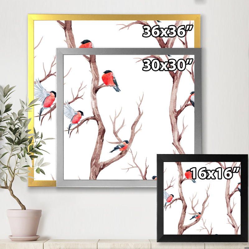Petits oiseaux sur les branches de l'arbre III - peinture sur toile, Cadre blanc, H 30 po x l 30 po x P 1 po