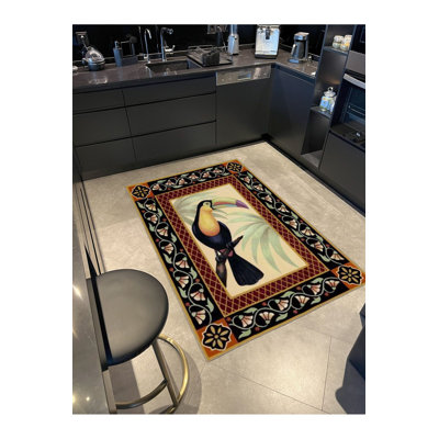 Tapis noir lavable à motif d'oiseaux Toucan