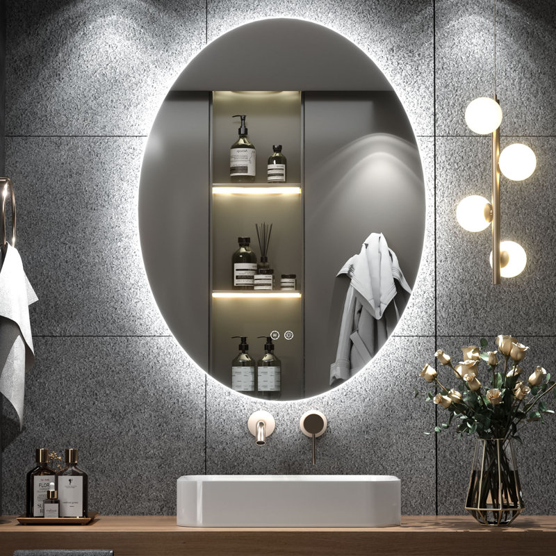 Miroir de salle de bain mural en verre trempé Molly, 28 po x 20 po, Ovale