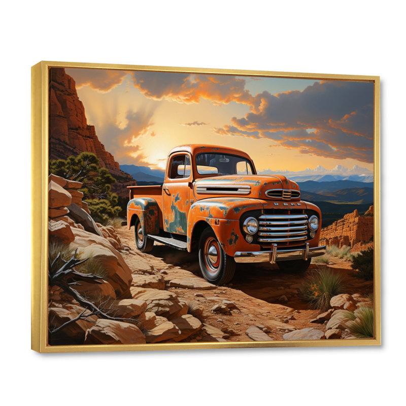 Orange Pickup Truck In Nevada Landscape - Transportation Canvas Prints, 16" H x 32" W, Cadre flottant doré