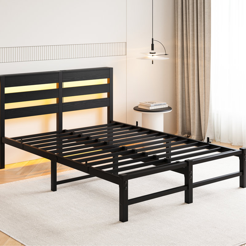 Base de lit double robuste, tête de lit, charge, rangement, plateforme de chambre à coucher essentielle avec lumières, ports de charge pour tête de lit, paisible