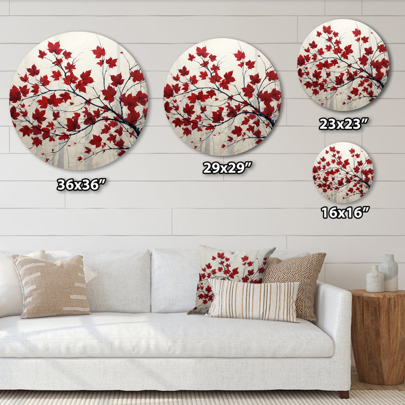 «Red Leaves Scarlet Simplicity», art mural rond en métal à motif floral, H 36 po x l 36 po
