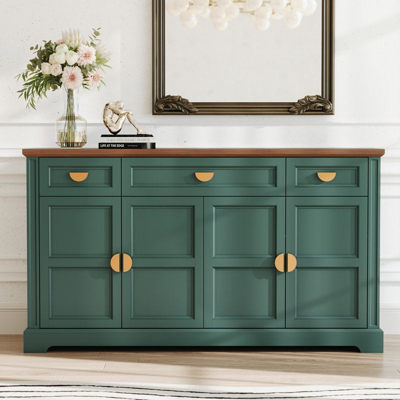 Buffet 59 po à 3 tiroirs, armoire de rangement 4 portes de style Mid-Century, Vert