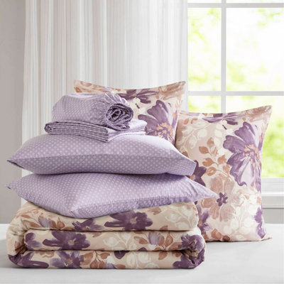 Ensemble d'édredon floral avec draps, taupe, pleine grandeur, microfibre douce, aquarelle, rembourrage hypoallergénique