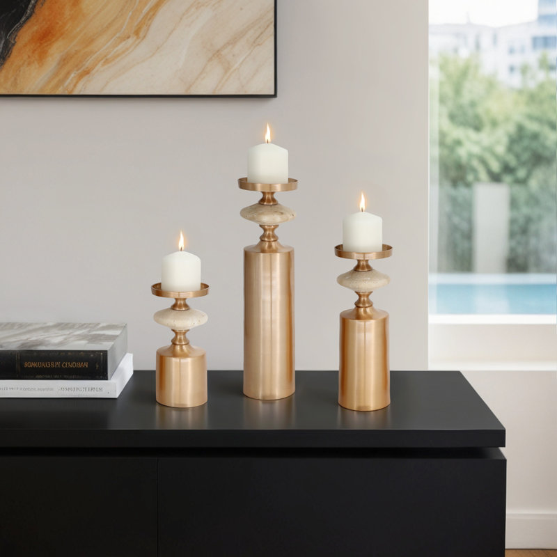 Set of 3 Metal and Marble Pillar Candle Holders & Taper Holders - Decorative Accent for Home Decor.