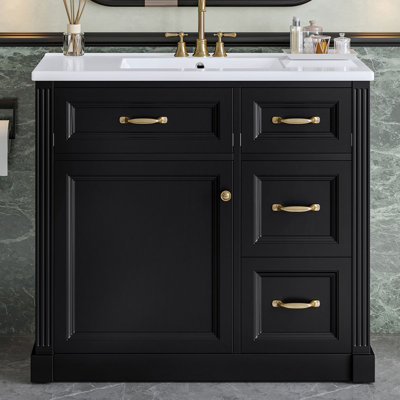 Meuble-lavabo autoportant de 36 po avec lavabo en céramique, porte à fermeture en douceur et rangement à tiroirs multiples