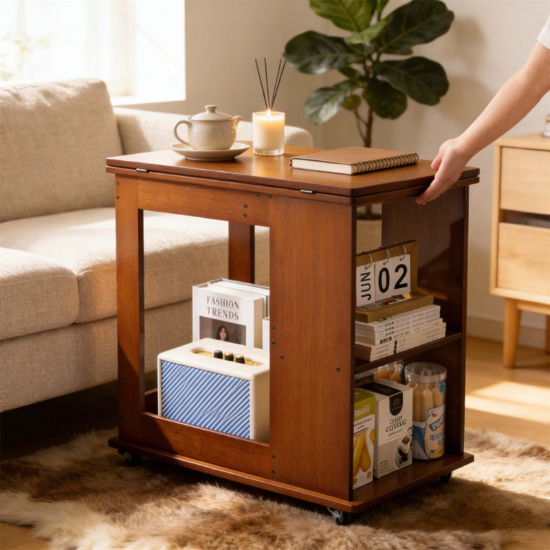 Bamboo Folding Edge Table with Movable Storage, Foldable Top for Beds and Sofas, Space-Saving and Multi-Functional