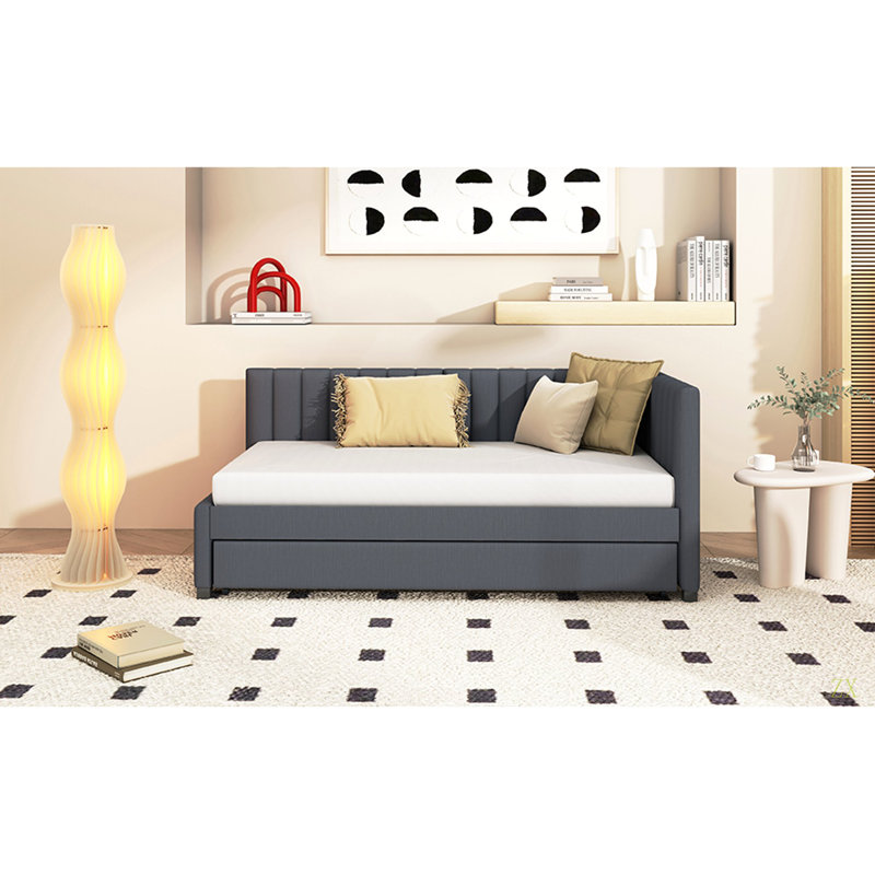 Upholstered Daybed With Trundle Twin Size Sofa Bed Frame No Box Spring Needed, Linen Fabric, Twin