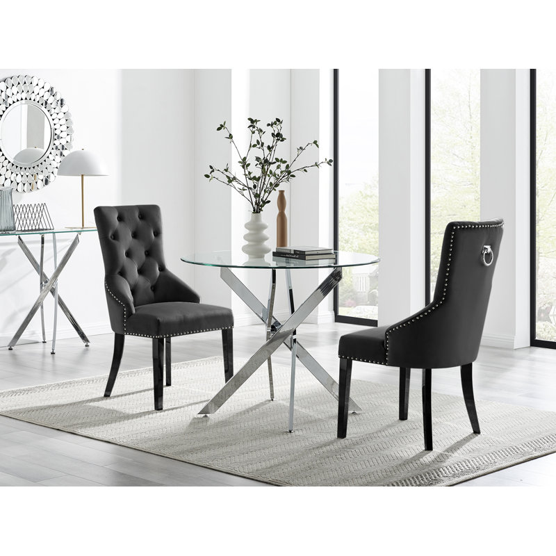 Tierra Modern Chrome Metal & Glass Round Dining Table Set with 2 Luxury Button Velvet Chairs, Black
