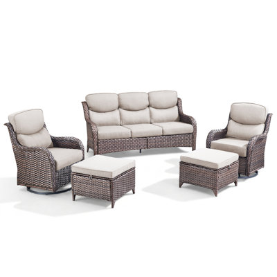 5-Piece Outdoor Wicker Patio Sofa Set With Swivel Chairs And Ottomans