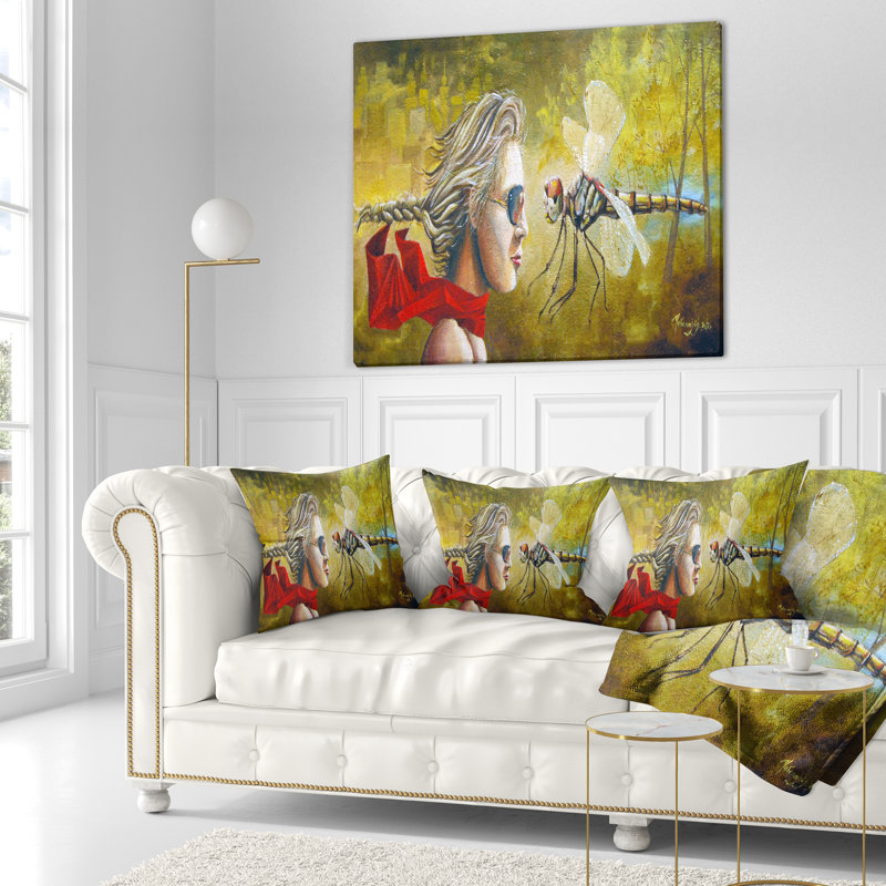 Humain et libellule - Coussin imprimé abstrait, 16 po x 1 po, Coussin décoratif