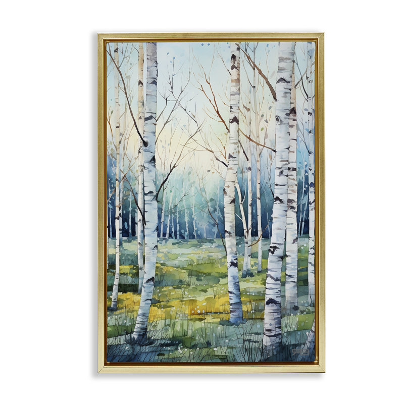 «Summer Birch Forest», toile flottante encadrée par Roozbeh Bahramali, Cadre flottant métallique doré, H 25 po x l 17 po