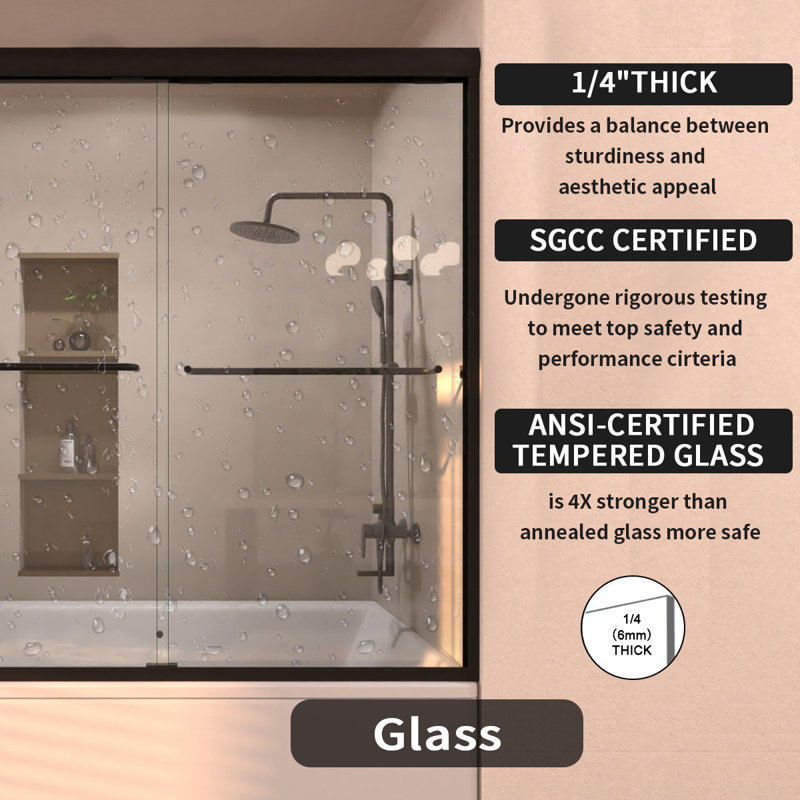 Porte de baignoire coulissante semi-sans cadre l 60 po x H 56 po au fini noir mat avec verre transparent, Noir mat