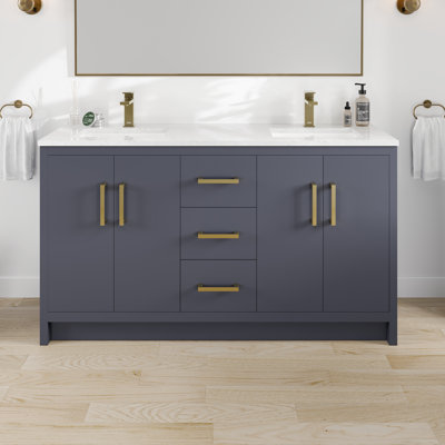 Ilsa 60"W X 18"D Double Sink Bathroom Vanity With White Carrara Quartz Countertop And Undermount Porcelain Sinks