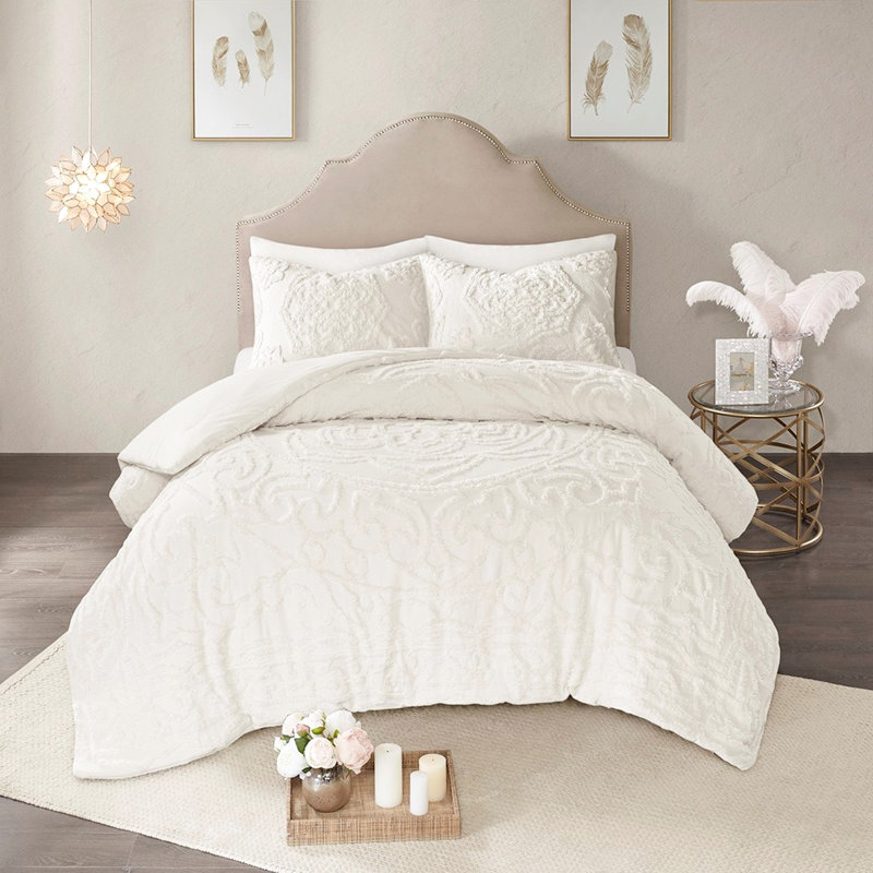 Édredon en coton chenille pour lit simple / simple TG, Blanc cassé, Édredon simple + 1 Taie décorative