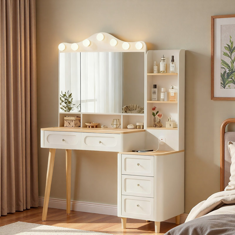 Bureau de meuble-lavabo avec miroir à trois côtés pliable 3 couleurs d'éclairage, 2 barres d'alimentation USB et 5 tiroirs