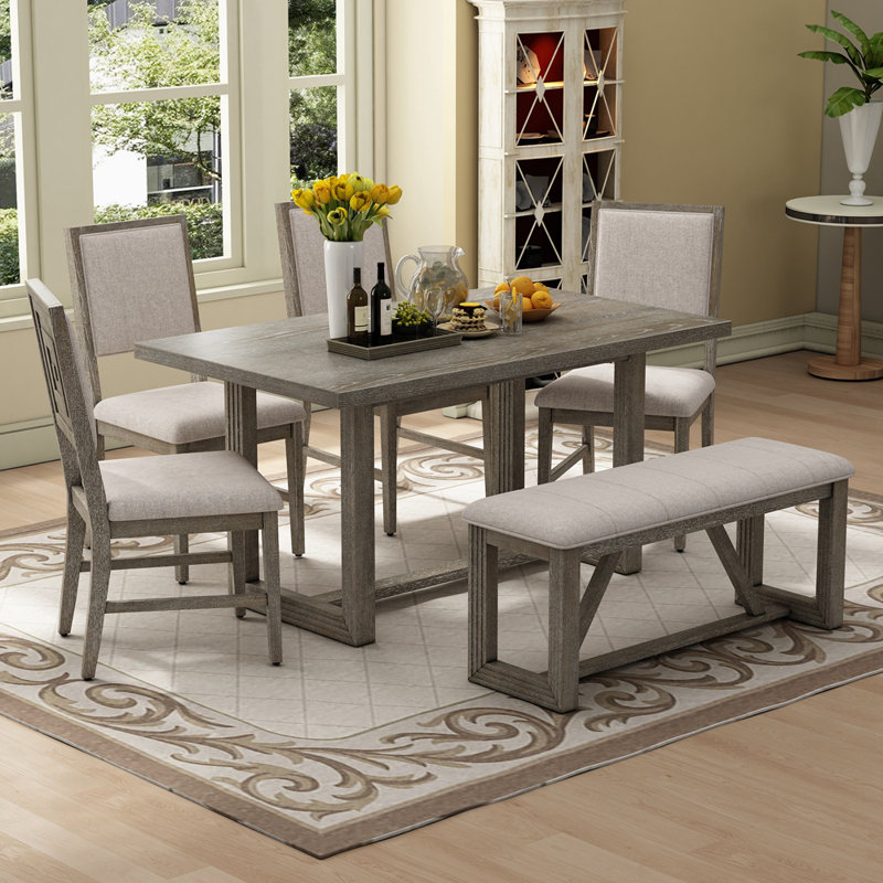 6-Piece Retro Dining Set, 1 Rectangular Table with 4 Upholstered Chairs and 1 Bench, Grey