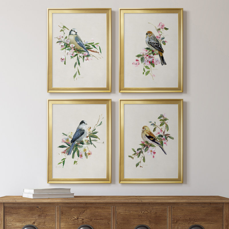 «Spring Song Blue Bird», ensemble de 4 peintures sur toile encadrées, Or, H 18,5 po x l 98 po x P 1,5 po