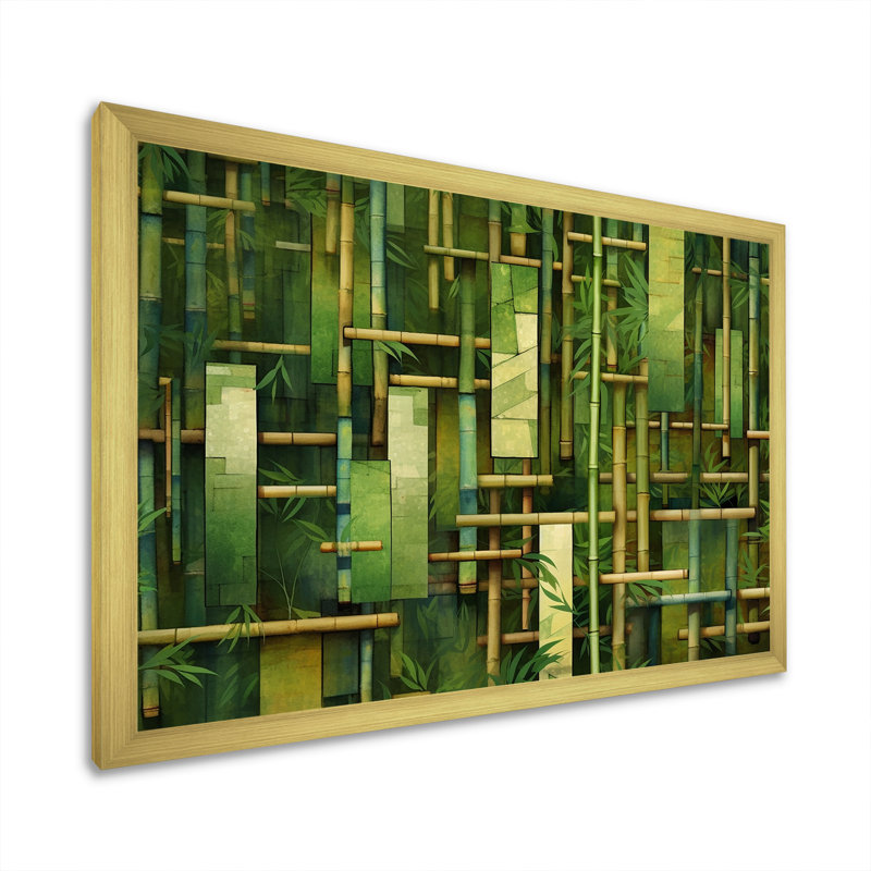 «Whispering Bamboo», motifs géométriques sur toile, H 34 po x l 44 po x P 1,5 po, Encadrement doré
