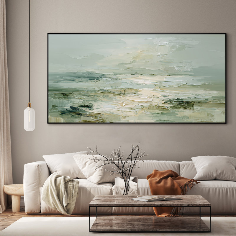 Très grande reproduction d'art sur toile - Horizon côtier vert tendre avec un pinceau superposé, mélange d'œuvres d'art pour le salon ou la chambre à coucher - «Assemblage requis du cadre (cadre non fini)»